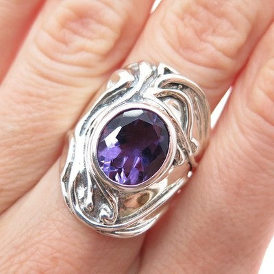 HAGIT GORALI 925 Sterling Silver Vintage Israel Amethyst Modernist Ring Size 7