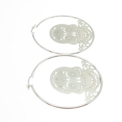 925 Sterling Silver Calavera Skull Hoop Earrings