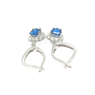 925 Sterling Silver White & Blue C Z Heart Dangling Earrings