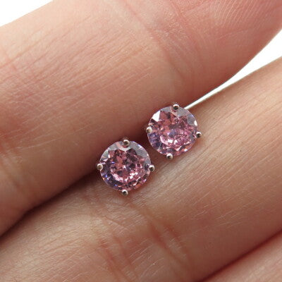 925 Sterling Silver Round-Cut Shaped Pink C Z Stud Earrings