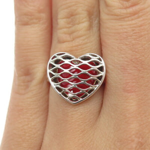 ROSS SIMONS 925 Sterling Silver Red Enamel Heart Mesh Ring Size 6