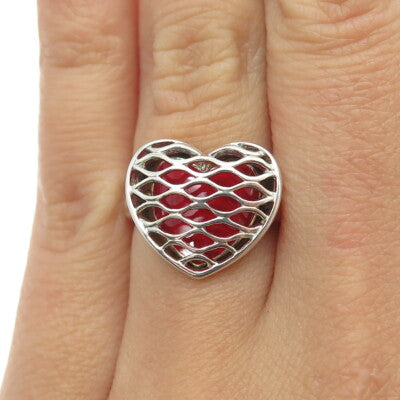 ROSS SIMONS 925 Sterling Silver Red Enamel Heart Mesh Ring Size 6