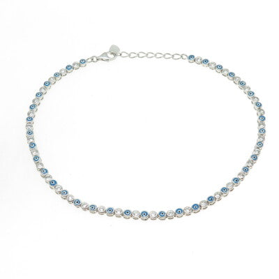 925 Sterling Silver Enamel C Z Evil's Eye Tennis Link Anklet Bracelet 9.5-10.5"