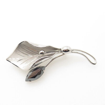 CURTIS CREATIONS 925 Sterling Silver Antique Art Deco Hematite Gem Lily Brooch