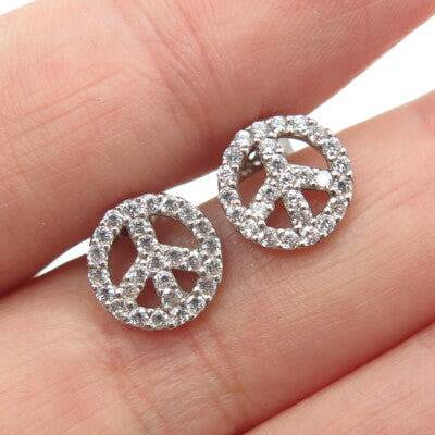 925 Sterling Silver Round-Cut Shaped C Z Symbol of Peace Stud Earrings