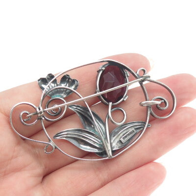 925 Sterling Silver Antique Art Deco Pink Glass Floral Pin Brooch