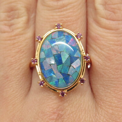 925 Sterling Silver Gold Plated Real Opal Inlay & Amethyst Ring Size 9.75