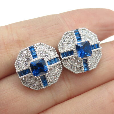 925 Sterling Silver White & Blue C Z Earrings