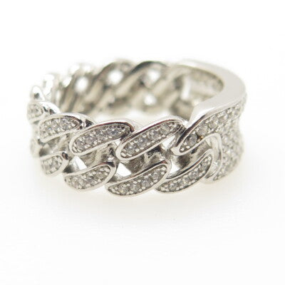 925 Sterling Silver Pave C Z Cuban Chain Band Ring Size 7