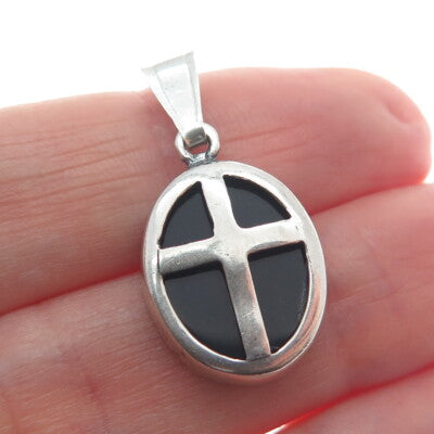 925 Sterling Silver Vintage Real Black Onyx Gem Cross Oval Minimalist Pendant