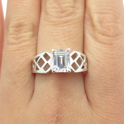 925 Sterling Silver Emerald-Cut Shaped C Z Cage Ring Size 9