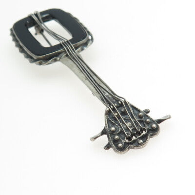 925 Sterling Silver Antique Art Deco Real Black Onyx Banjo Musical Pin Brooch
