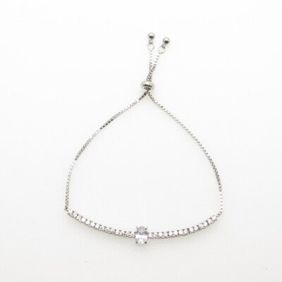 925 Sterling Silver Oval & Round-Cut C Z Tennis Bolo Adjustable Bracelet 6-9"