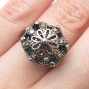 925 Sterling Silver Black Rhodium 2-Tone Real Diamond Crown Domed Ring Size 7.25