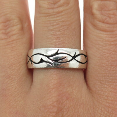 925 Sterling Silver Vintage Rose Flower Thorns Band Ring Size 10.25