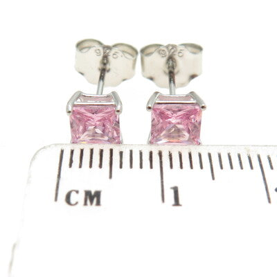 925 Sterling Silver Princess-Cut Shaped Pink C Z Stud Earrings