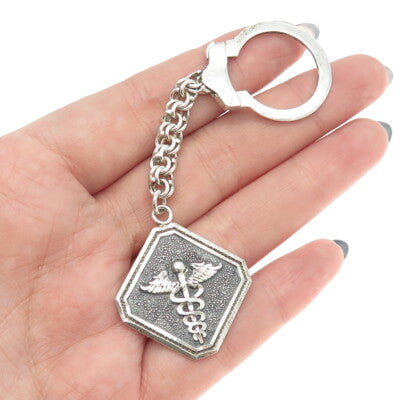 925 Sterling Silver Vintage Mexico Caduceus Key Ring w/Chain
