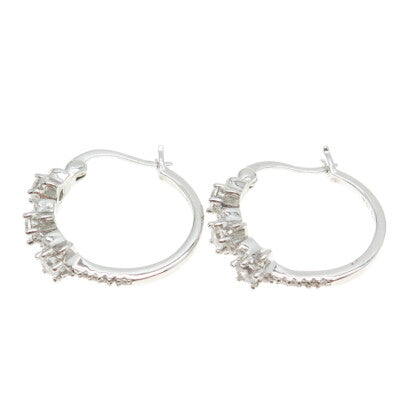 925 Sterling Silver Round-Cut C Z Floral Hoop Earrings