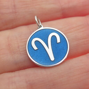 925 Sterling Silver Blue Enamel Aries Zodiac Sign Minimalist Round Charm Pendant