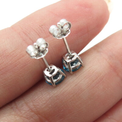 925 Sterling Silver Round-Cut Shaped Swiss Blue C Z Stud Earrings