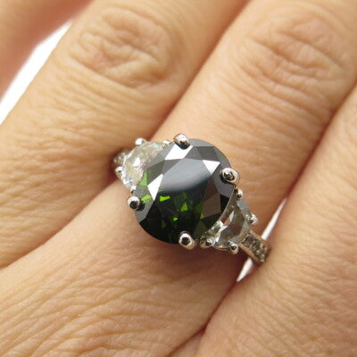 925 Sterling Silver Oval-Cut Dark Green & White C Z Ring Size 7.25