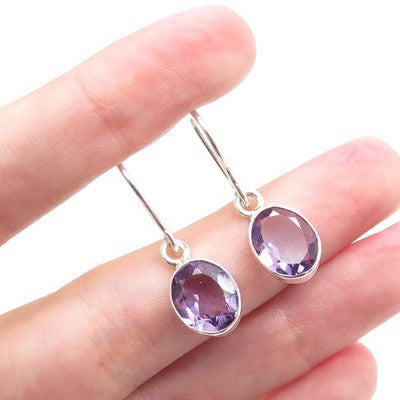 925 Sterling Silver Vintage Real Oval-Cut Amethyst Dangle Earrings