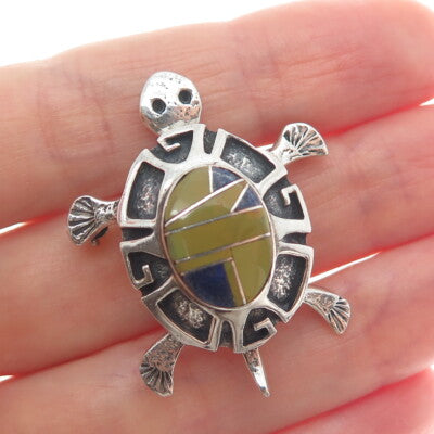 ERVIN HOSKIE NAVAJO Old Pawn 925 Sterling Vintage Jasper & Lapis Turtle Brooch