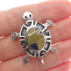 ERVIN HOSKIE NAVAJO Old Pawn 925 Sterling Vintage Jasper & Lapis Turtle Brooch