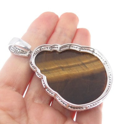925 Sterling Silver Real Tiger Eye & C Z Buddha Pendant
