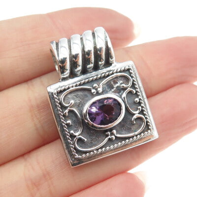 925 Sterling Silver Vintage Real Amethyst Gemstone Ornate Slide Pendant