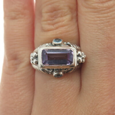925 Sterling Silver Vintage Round-Cut Blue Topaz & Baguette Amethyst Ring Size 6