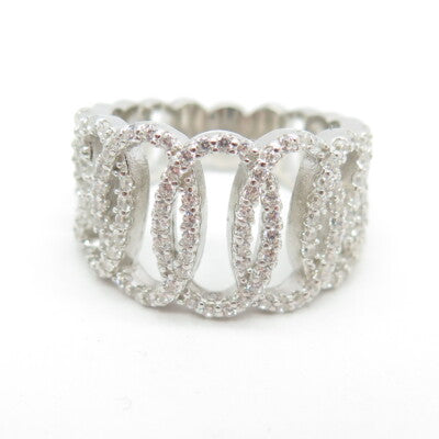 925 Sterling Silver Pave C Z Oval Chain Ring Size 6.25