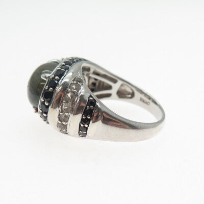 925 Sterling Silver Real Labradorite Black Spinel & White Topaz Ring Size 9