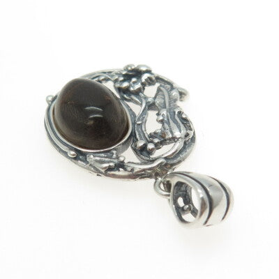 925 Sterling Silver Vintage Real Dark Amber Floral Leaf Pendant