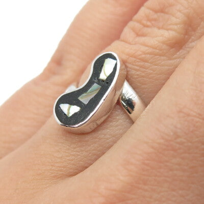925 Sterling Silver Vintage Real Black Onyx & Abalone Shell Bean Ring Size 6.75