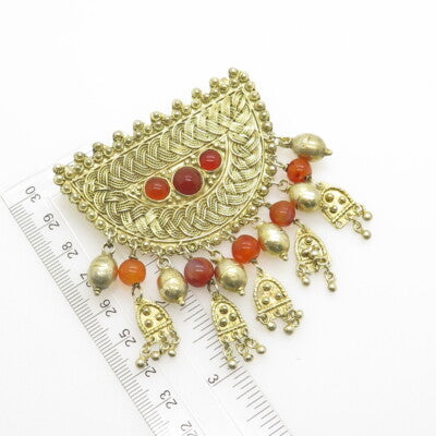 925 Sterling Silver Gold Plated Vintage Israel Carnelian Gem Ethnic Pendant