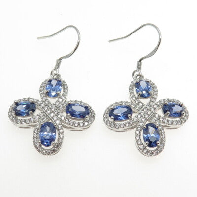 925 Sterling Silver White & Blue C Z Cross Dangling Hook Earrings