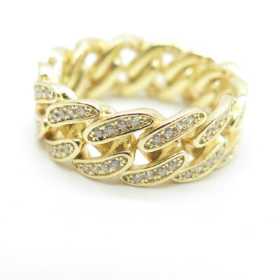 925 Sterling Silver Gold Plated Pave C Z Cuban Chain Band Ring Size 6