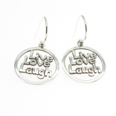 925 Sterling Silver "Live Love Laugh" Round Dangling Earrings