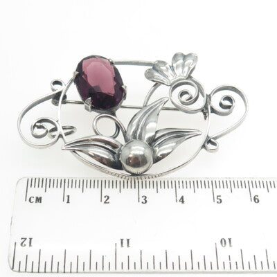 925 Sterling Silver Antique Art Deco Pink Glass Floral Pin Brooch