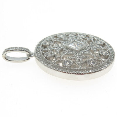 925 Sterling Silver Round-Cut C Z Fleur de Lis Round Pendant