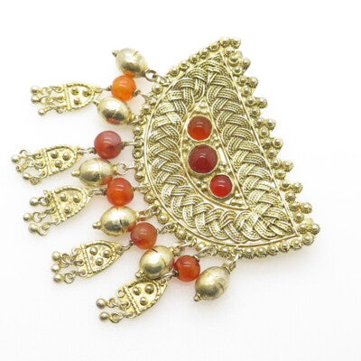 925 Sterling Silver Gold Plated Vintage Israel Carnelian Gem Ethnic Pendant