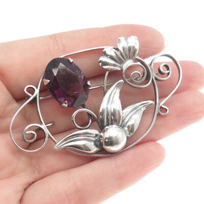 925 Sterling Silver Antique Art Deco Pink Glass Floral Pin Brooch