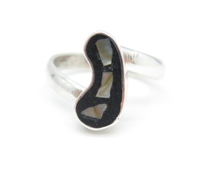 925 Sterling Silver Vintage Real Black Onyx & Abalone Shell Bean Ring Size 6.75