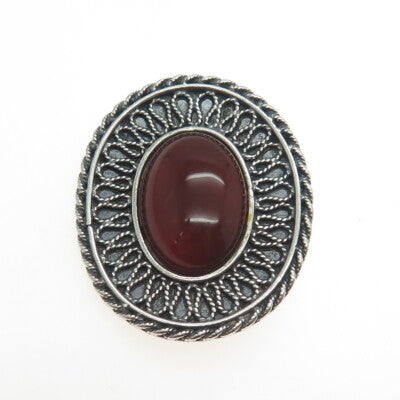 925 Sterling Silver Vintage Real Carnelian Gemstone Ethnic Pin Brooch / Pendant