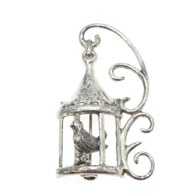 LANG 925 Sterling Silver Antique Art Deco Bird in a Cage Pin Brooch