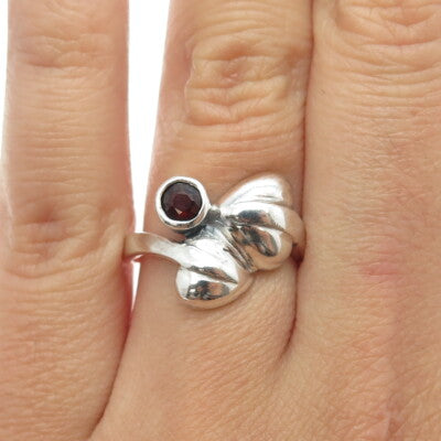 925 Sterling Silver Vintage Real Read Garnet Floral Bypass Ring Size 7