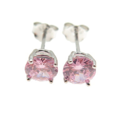 925 Sterling Silver Round-Cut Shaped Pink C Z Stud Earrings