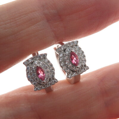 925 Sterling Silver Marquise-Cut Pink & Round-Cut White C Z Hoop Earrings