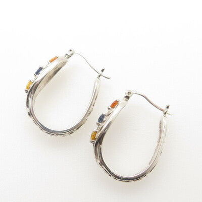 925 Sterling Silver Multi-Color Sapphire Gemstone Hinged Hoop Earrings